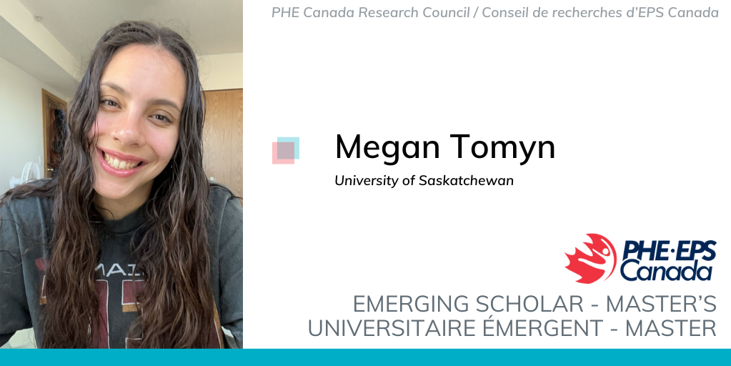 Photo of Megan Tomyn with text that reads "emerging scholar Master's"