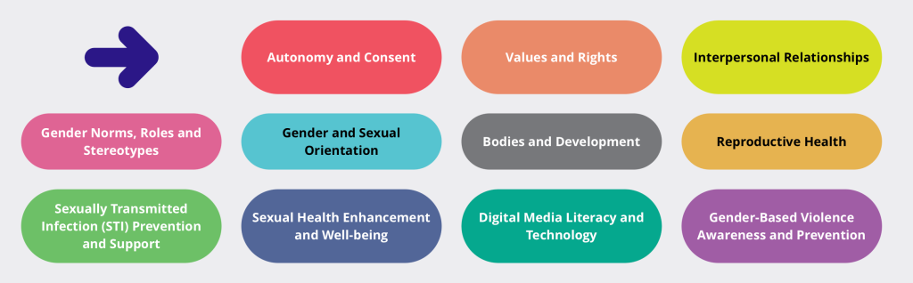 11 content areas. Autonomy and Consent, Values and rights, interpersonal relationships, gender norms, roles, and stereotypes; gender and sexual orientation; bodies and development; reproductive health; Sexually Transmitted Infection (STI) Prevention and Support; Sexual Health Enhancement and Well-being; Digital Media Literacy and Technology; Gender-Based Violence Awareness and Prevention