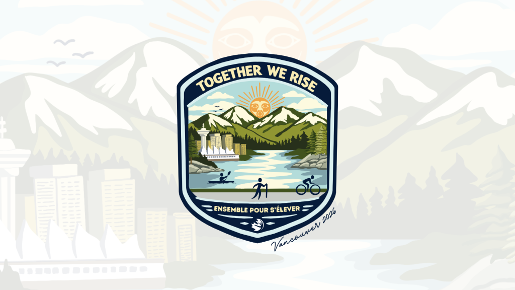 A crest-shaped illustration depicts a scenic landscape with mountains, a body of water, and a cityscape. The text "TOGETHER WE RISE" arches over the top, and "ENSEMBLE POUR S'ÉLEVER" is at the bottom. Silhouettes of a kayaker, a hiker, and a cyclist are visible on a path in the foreground. The sun with a face is prominent in the sky. "Vancouver 2026" is handwritten at the bottom right.