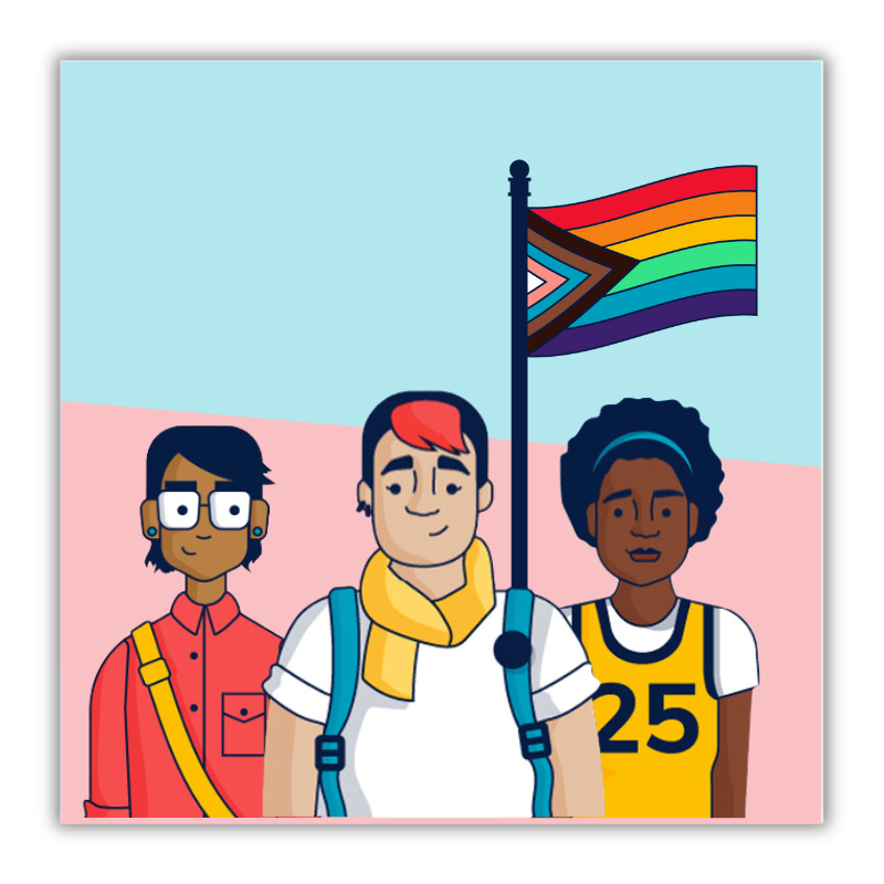 The image shows three students looking confident with a 2SLGBTQ+ flag in the background..