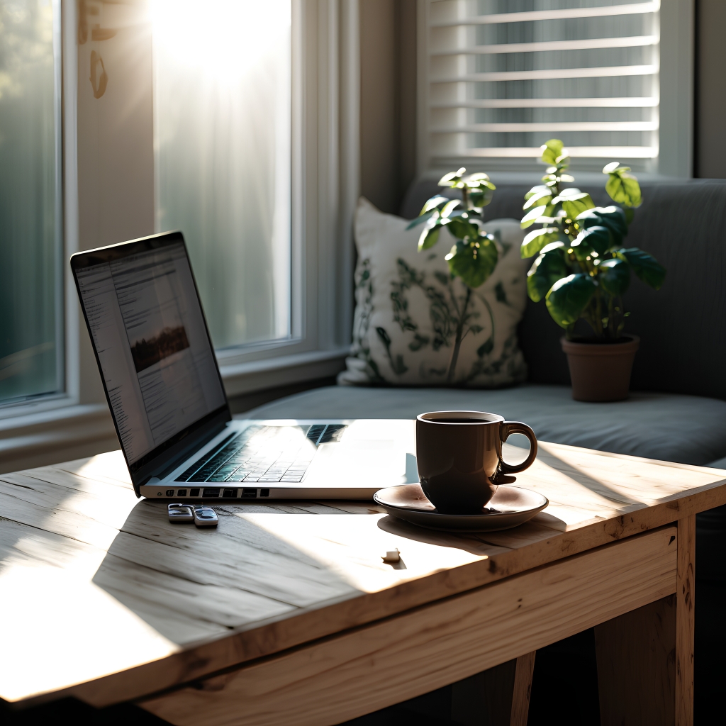 a computer on a desk with a coffee mug in the sunlight near a window and a plant