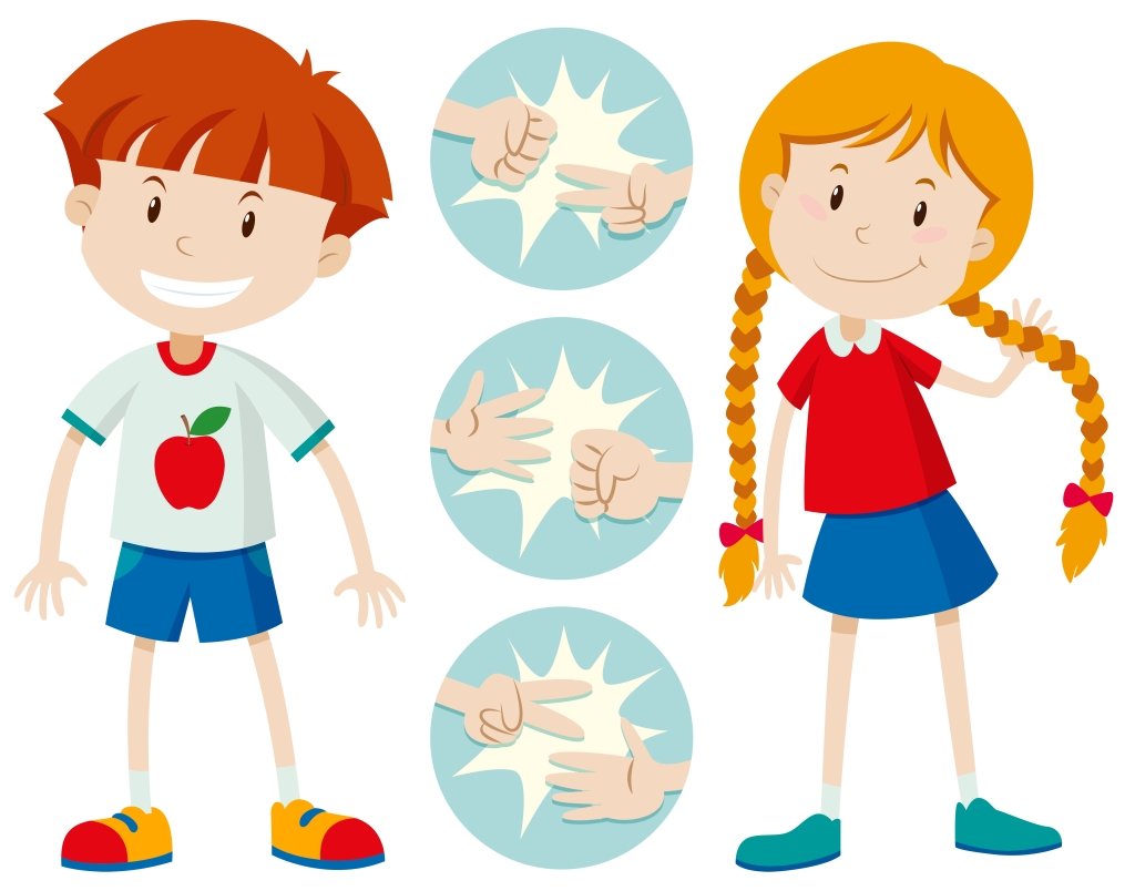Cartoon boy and girl playfully pointing at each other with smiles, showcasing a friendly interaction.