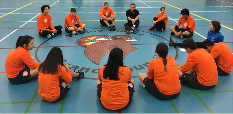 1. A diverse group of young individuals seated in a circle on a basketball court, engaged in conversation and camaraderie.