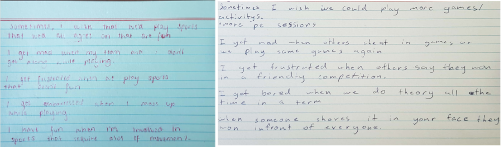 2 papers on which students completed a free-writing task on their perception of PE / 2 papier sur lesquels des élèves ont réalisé une tâche d’écriture libre sur leur perception de l’EPS