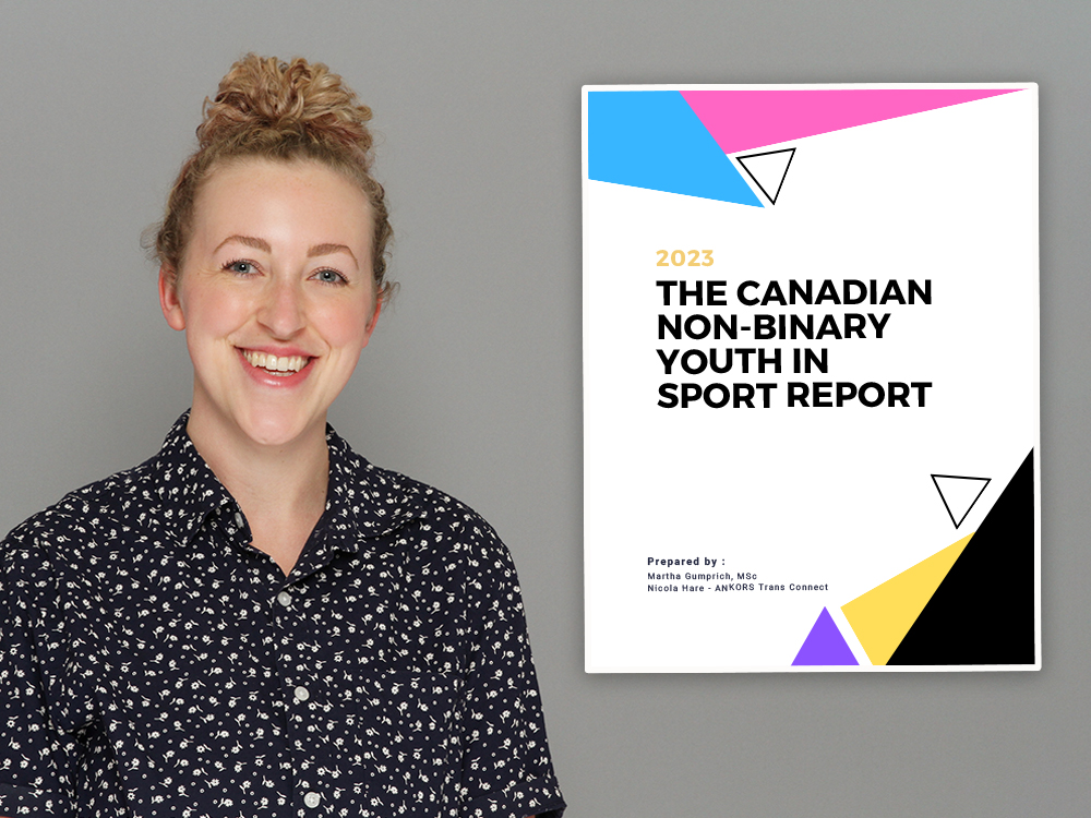 A light-skinned person named Martha Gumprich with their curly hair in a bun smiles at the camera while wearing a black dress shirt with small white flowers on it. To the right, the colourful cover of 'The Canadian Non-Binary Youth in Sport Report.'