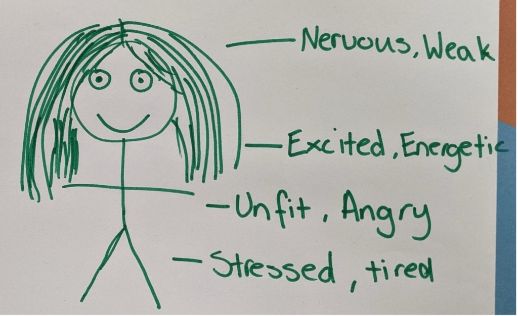 This figure is showing a drawing of a person with a long hair with texts point to them and the texts are "- nervous, weak", "excited, energetic", "-unfit, angry", and "-stressed, tired".