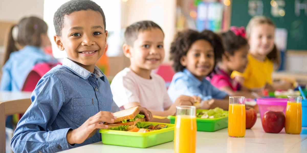 A group of kids enjoying the food in schools.