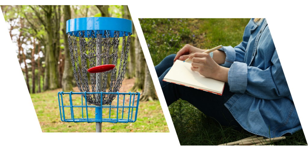 Left image: A blue disc golf basket with a red band sits in a park with trees and green grass in the background; Right image: A person in a denim jacket sits outdoors with a notebook and pen, appearing to sketch or write.