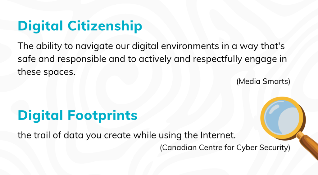 In the visual one can read "Digital Citizenship: The ability to navigate our digital environments in a way that's safe and responsible and to actively and respectfully engage in these spaces. (Media Smarts)" and "Digital Footprints: the trail of data you create while using the Internet. (Canadian Centre for Cyber Security)" with a magnifying glass at the bottom right