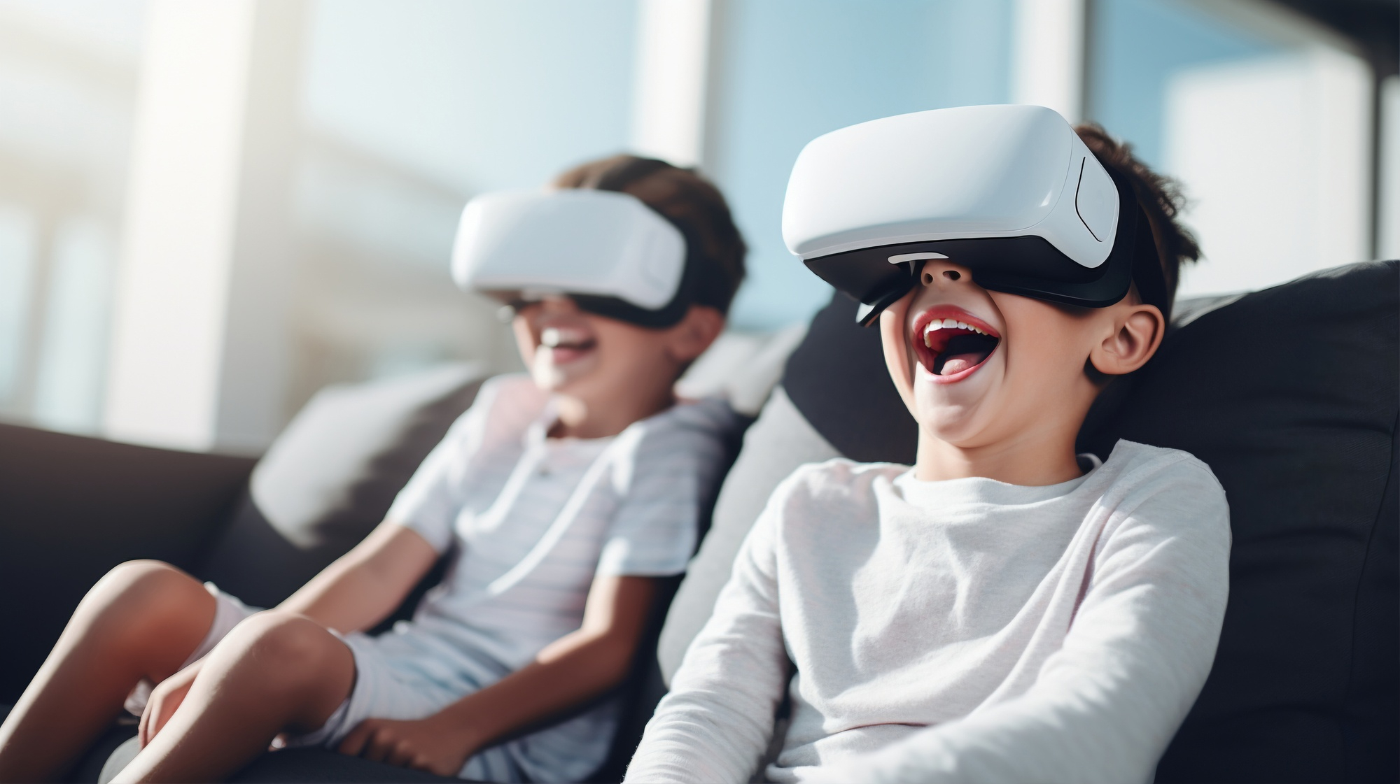 three children wearing VR headsets