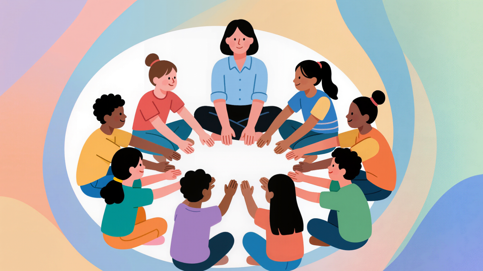 A group of children are sitting in a circle with a teacher and talking heart-to-heart.