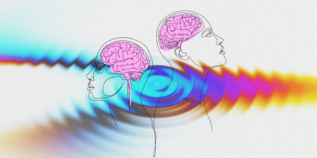An abstract line drawing showing two profiles of heads with pink brains inside. The heads are facing in opposite directions, one left and one right. The background shows a colourful ripple effect.