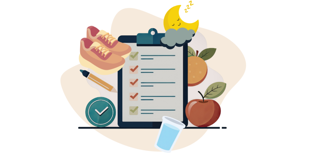 A clipboard with a checklist and several icons like fruits, hydration bottles, running shoes, sleeping moon, along with a pen and a clock, indicating a healthy lifestyle.