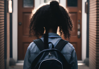 young girl standing in an entrance way wearing a backpack looking at the door
