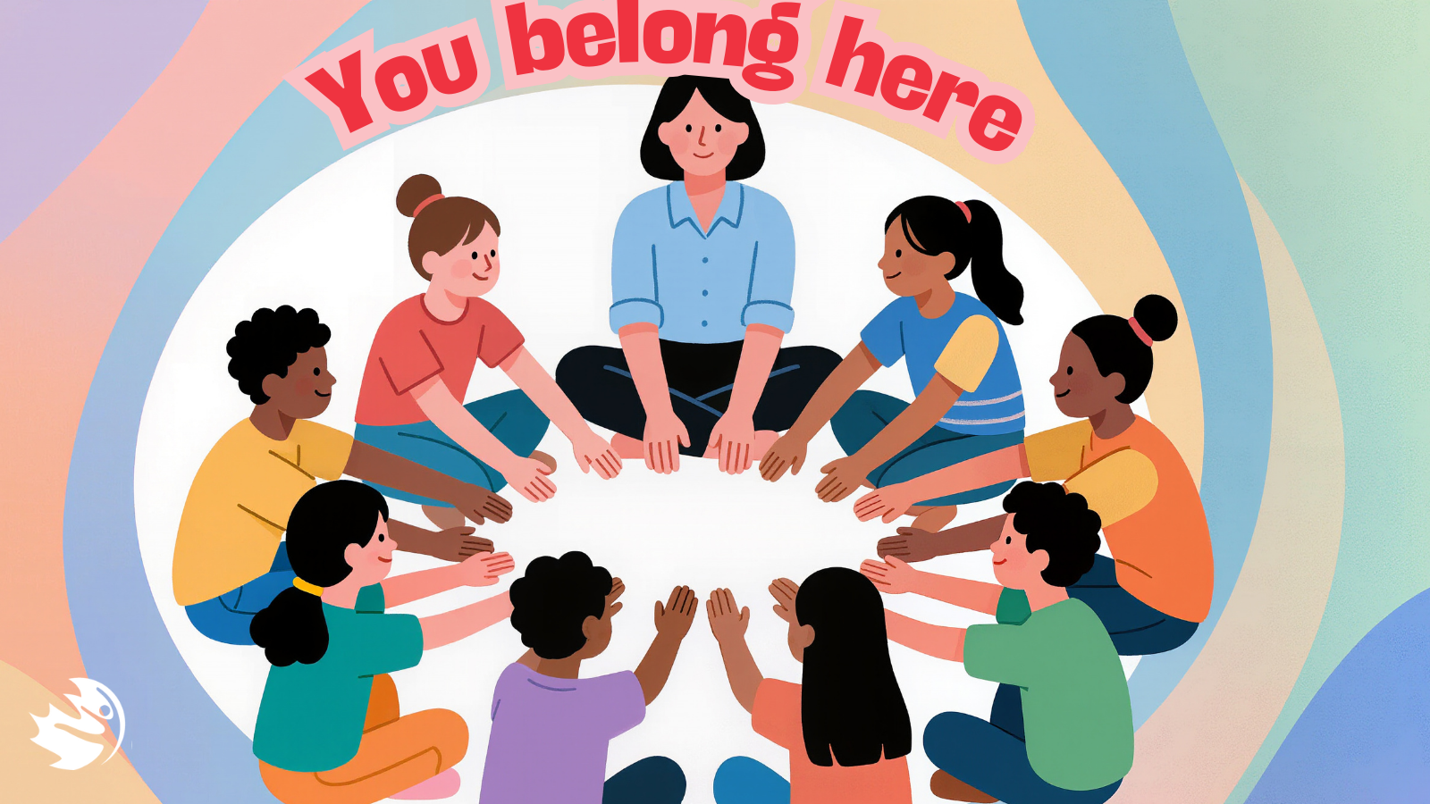 A group of children are sitting in a circle with a teacher and talking heart-to-heart.