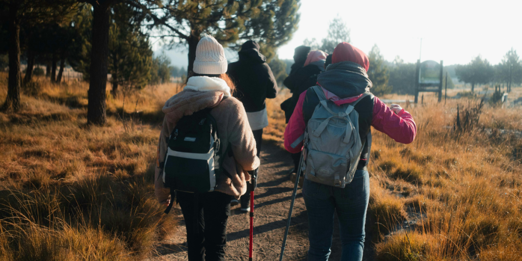 A group of hikers with backpacks walk on a path through a dry, grassy landscape with pine trees.