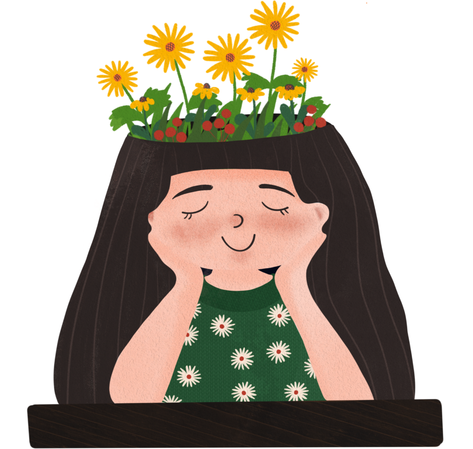 Illustration of a girl with a crown of colorful flowers adorning her head, smiling gently.