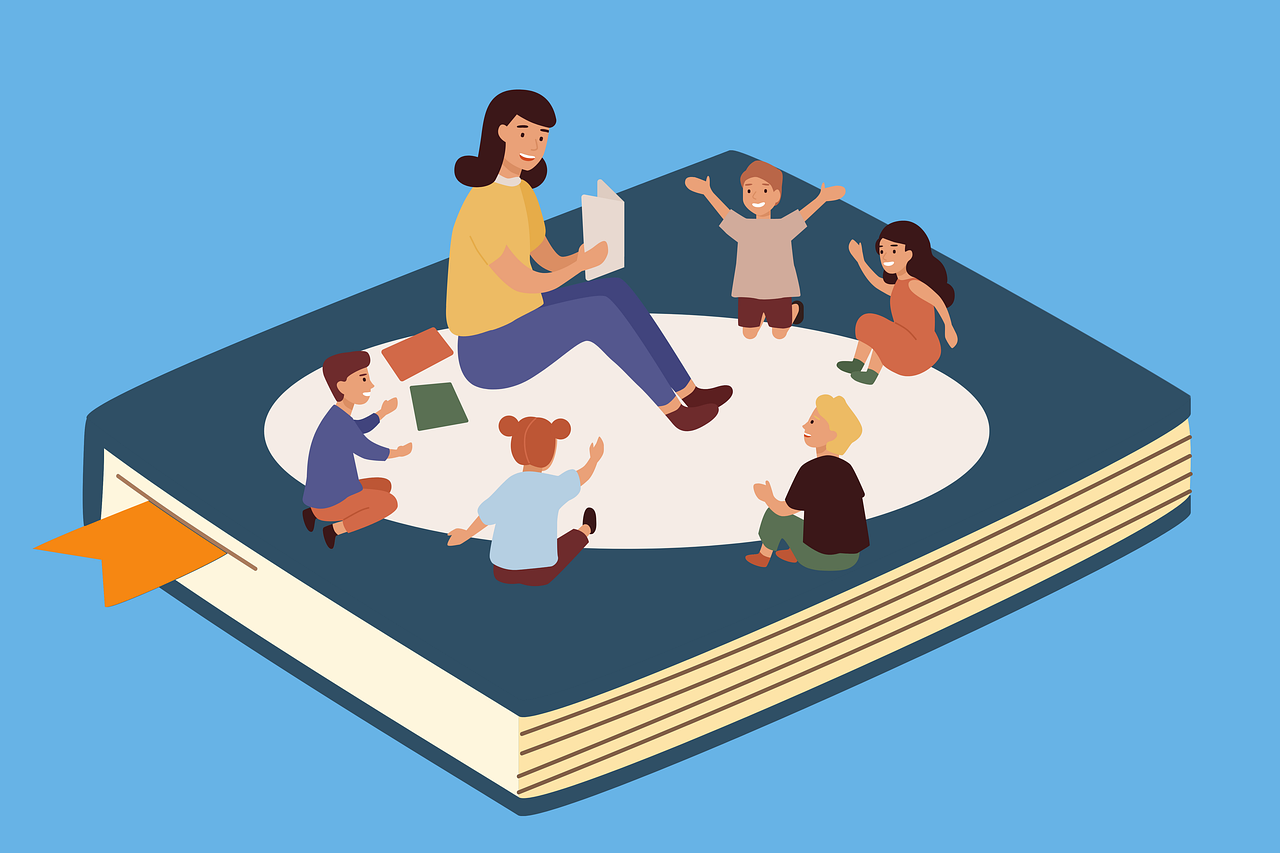 The image is showing an illustration of a teacher reading to a group of students