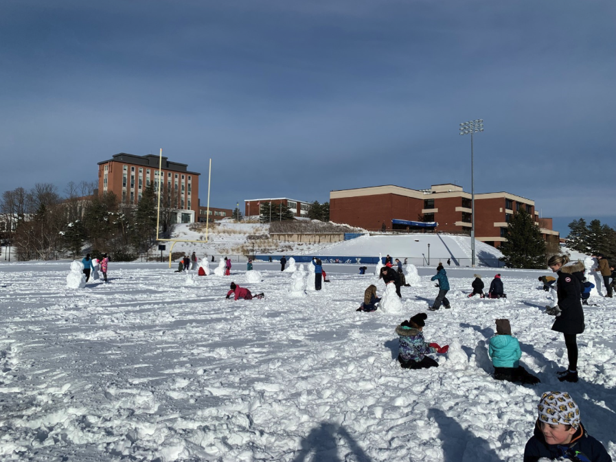 The photo is showing a group of students are making snowperson on an open field in the winter