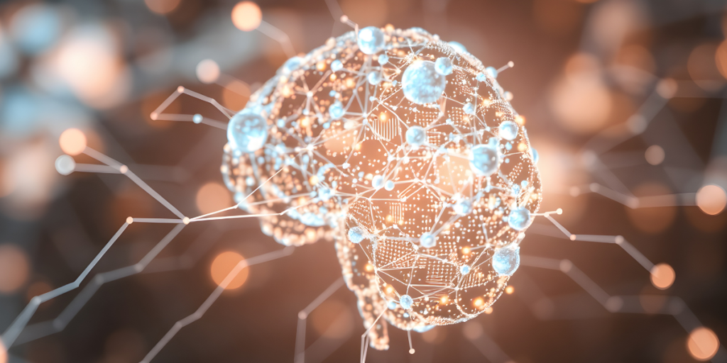 A digital representation of a human brain formed by interconnected lines and glowing nodes, symbolizing neural networks and data processing.