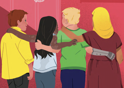 An illustration showing four students with their arms around each other's shoulders, socializing.