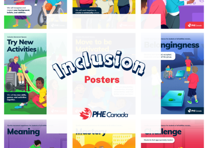 A series of posters with a white text block in the centre with text saying "Inclusion Posters" and PHE Canada's logo