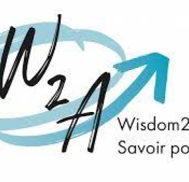shows the letters 'W' number '2' and letter 'A'. has a blue circle arrow around the letters and number. on the bottom right corner it says 'Wisdom2Action' and 'Savoir pour agir"