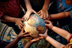 children hands on a globe