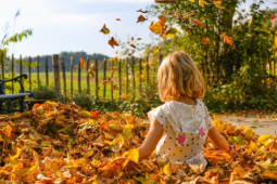 young girl sitting in a pile of leaves