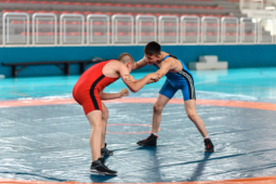 two young men wrestling on a wrestling mat. One is wearing a red leotard and the other in a blue. 