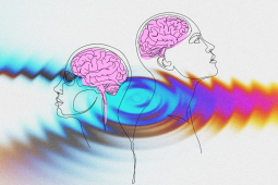 An abstract line drawing showing two profiles of heads with pink brains inside. The heads are facing in opposite directions, one left and one right. The background shows a colourful ripple effect.