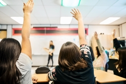indigenous students sitting at desks looking at the teacher in front of the white board. They have their hands up to be called upon to answer a question.