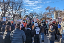 trans allies gathered in Alberta to protest the proposed policy regarding trans rights.