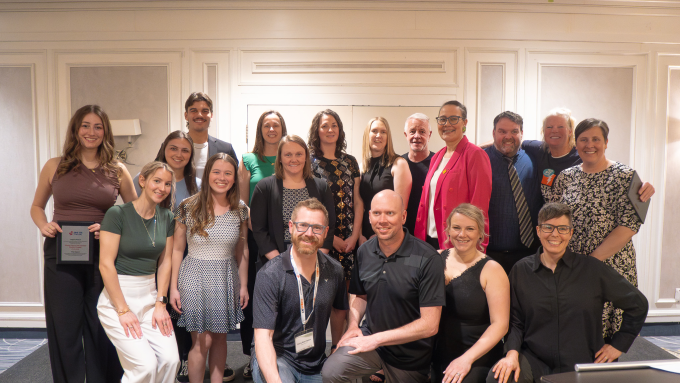 Group photo of all 2023-2024 award recipients for the PHE Canada National Awards and Sask provincial awards, who attended the 2024 PHE Conference Awards Banquet.