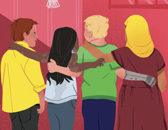 An illustration showing four students with their arms around each other's shoulders, socializing.