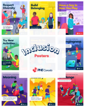 A series of posters with a white text block in the centre with text saying "Inclusion Posters" and PHE Canada's logo