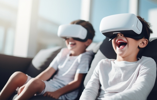 three children wearing VR headsets