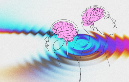 An abstract line drawing showing two profiles of heads with pink brains inside. The heads are facing in opposite directions, one left and one right. The background shows a colourful ripple effect.